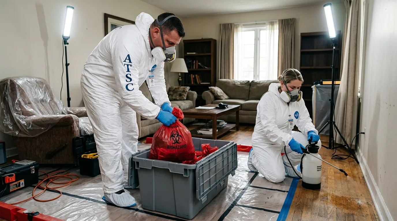 Professional Biohazard Cleanup technician in full PPE working in Chicago Heights